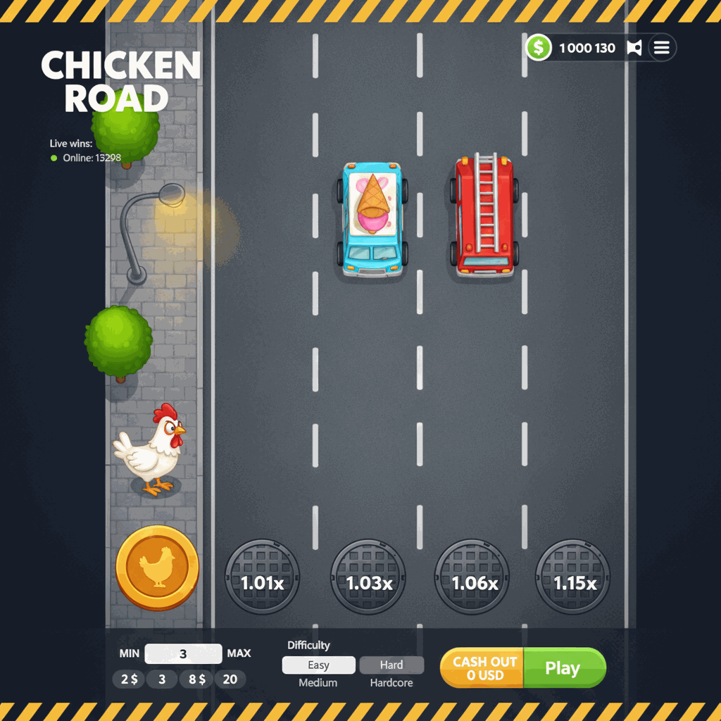 Chicken Road Crash-Spiel Spielbildschirm: Ein weißes Huhn überquert eine mehrspurige Straße von links nach rechts, wobei jede Fahrspur mit Multiplikatoren markiert ist und Autos zufällig auf den Spuren erscheinen. Das Spiel zeigt eine Vogelperspektive mit grauer Straßenoberfläche, weißen Fahrbahnmarkierungen, grünen Bäumen am Straßenrand und einem dunklen UI-Header mit Kontostand und Live-Gewinnern. Am unteren Bildschirmrand befindet sich das Wett-Kontrollpanel mit Einsatzbetrag, Schwierigkeitsgrad-Auswahl und Start-Button.
