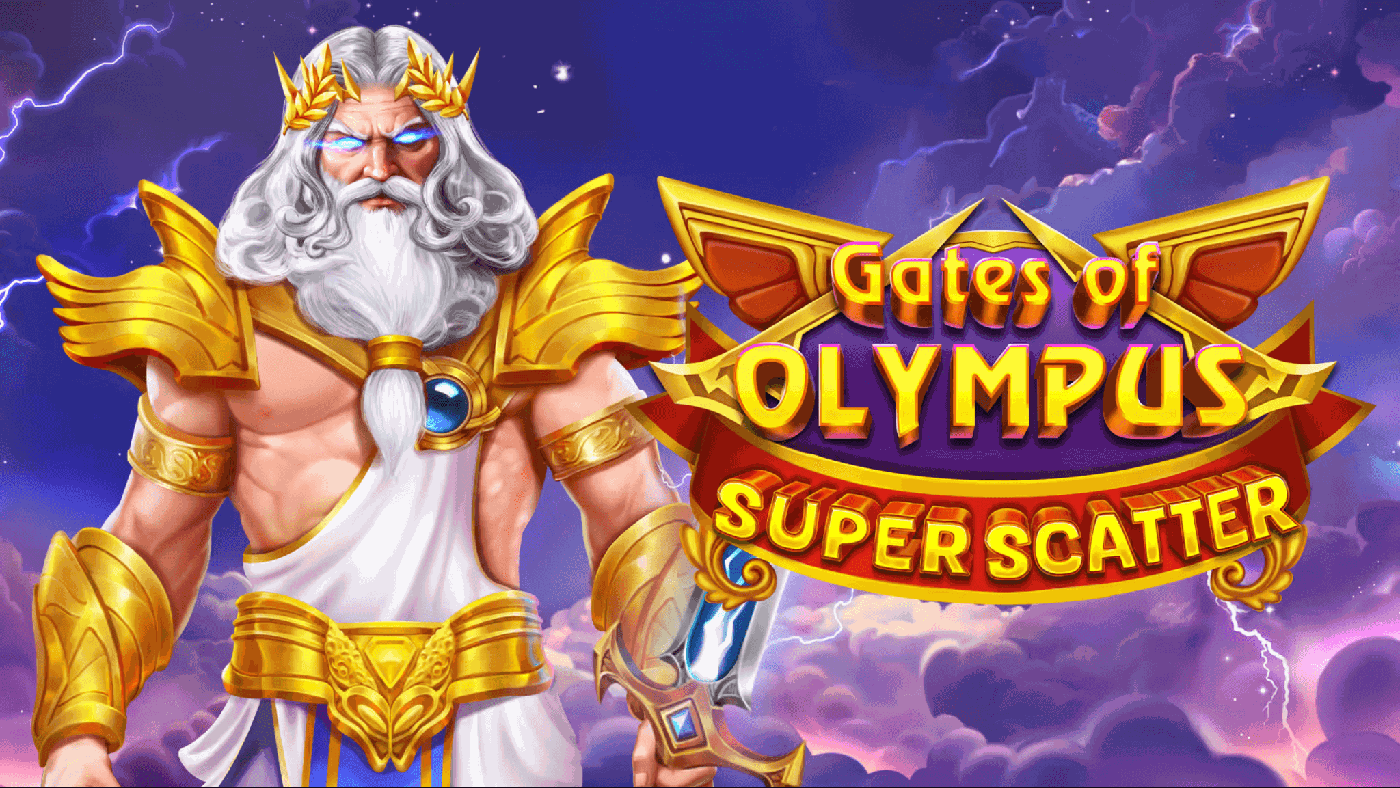 Gates of Olympus Super Scatter: Zeus in goldener Rüstung vor dem 6x5 Walzenfeld mit rotem Kugel-Symbol, grünem Globus, blauem Diamant und Super-Scatter-Zeichen